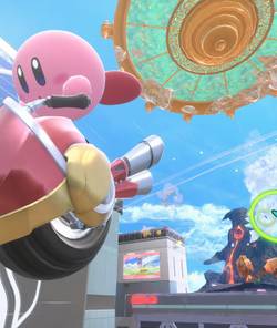 Kirby rides a tire bike in Kirby Air Riders.