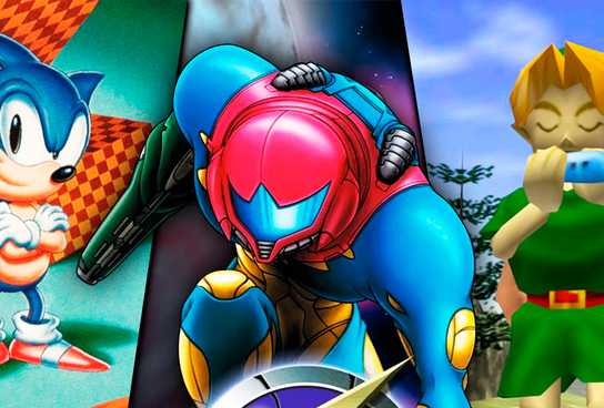 A collage of Metroid Fusion, The Legend of Zelda: Ocarina Of Time and Sonic The Hedgehog 2